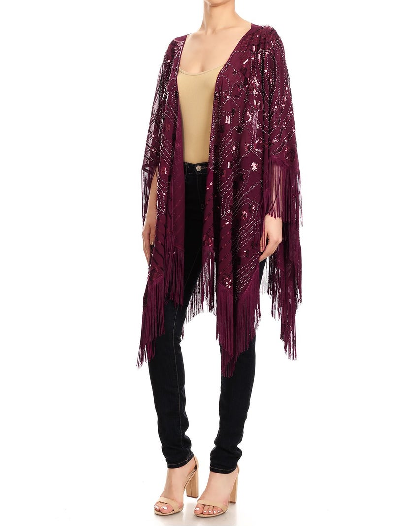 Anna-Kaci Womens Oversized Gatsby Hand Beaded Fringed Sequin Evening Shawl Wrap, Burgundy, Onesize - Image 3